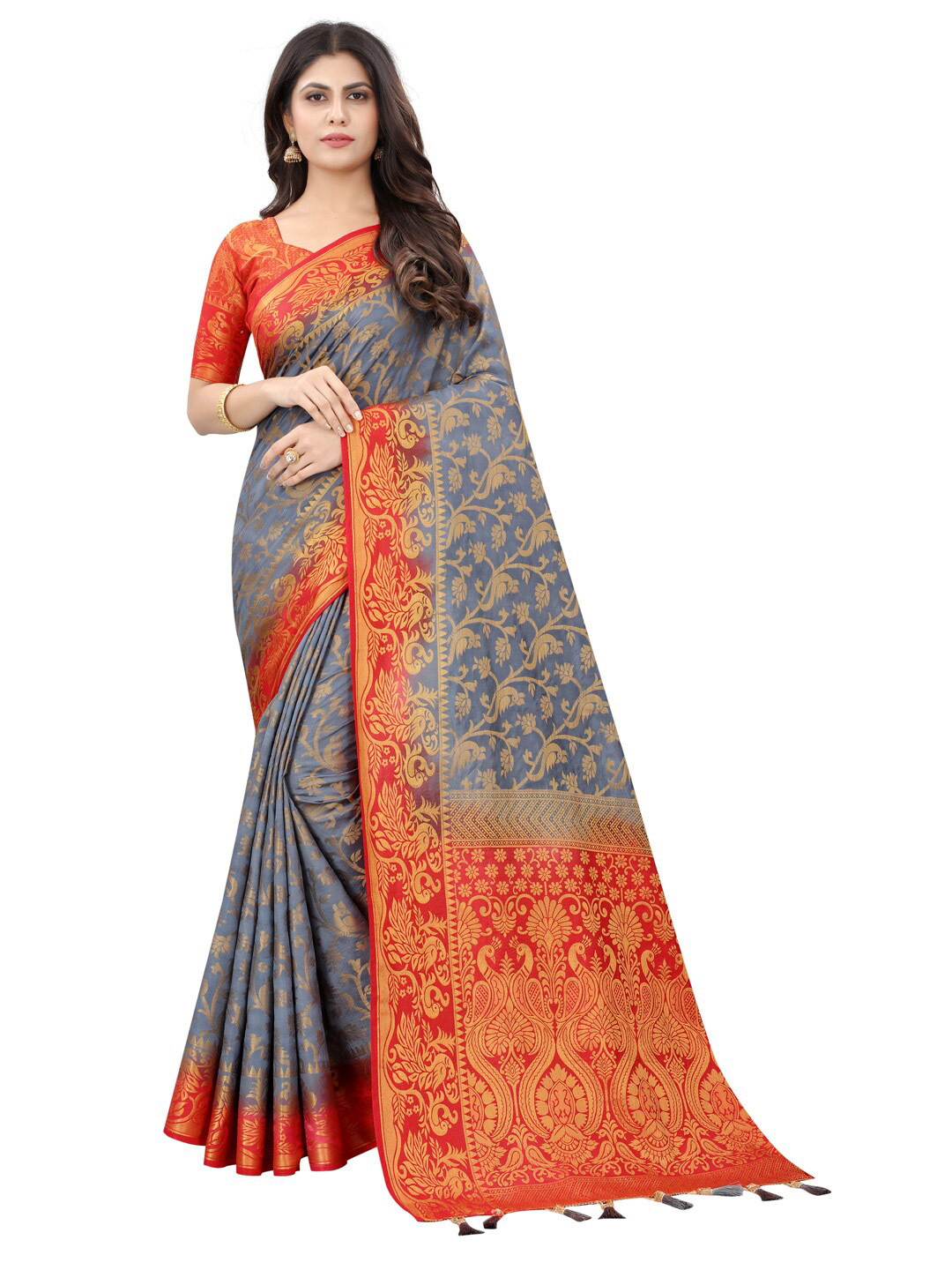 

PERFECT WEAR Grey & Red Woven Design Zari Silk Cotton Banarasi Saree