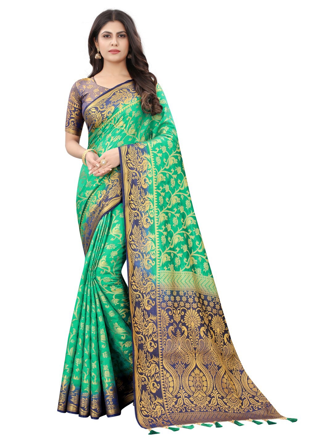 

PERFECT WEAR Green & Navy Blue Ethnic Motifs Zari Silk Cotton Banarasi Saree