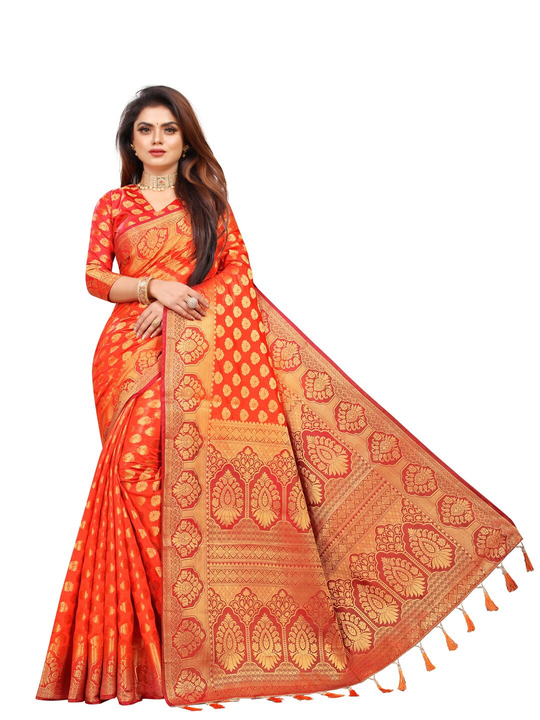 

PERFECT WEAR Red & Gold-Toned Ethnic Motifs Zari Silk Cotton Banarasi Saree