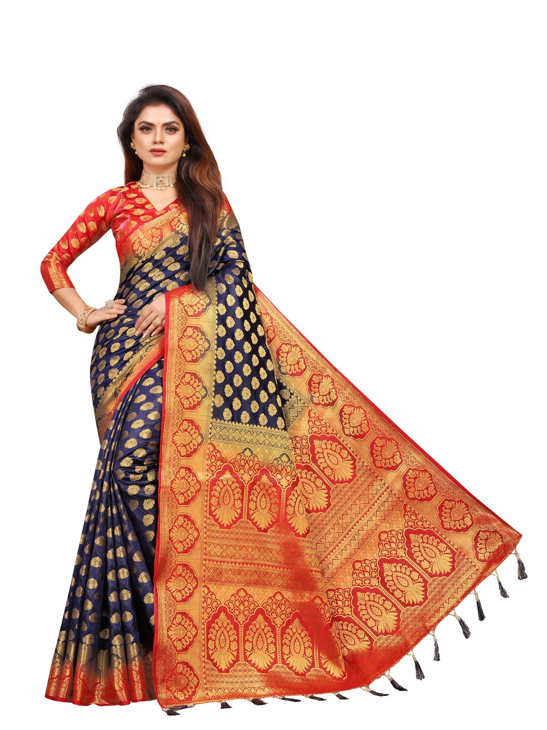 

PERFECT WEAR Navy Blue & Red Floral Silk Cotton Saree