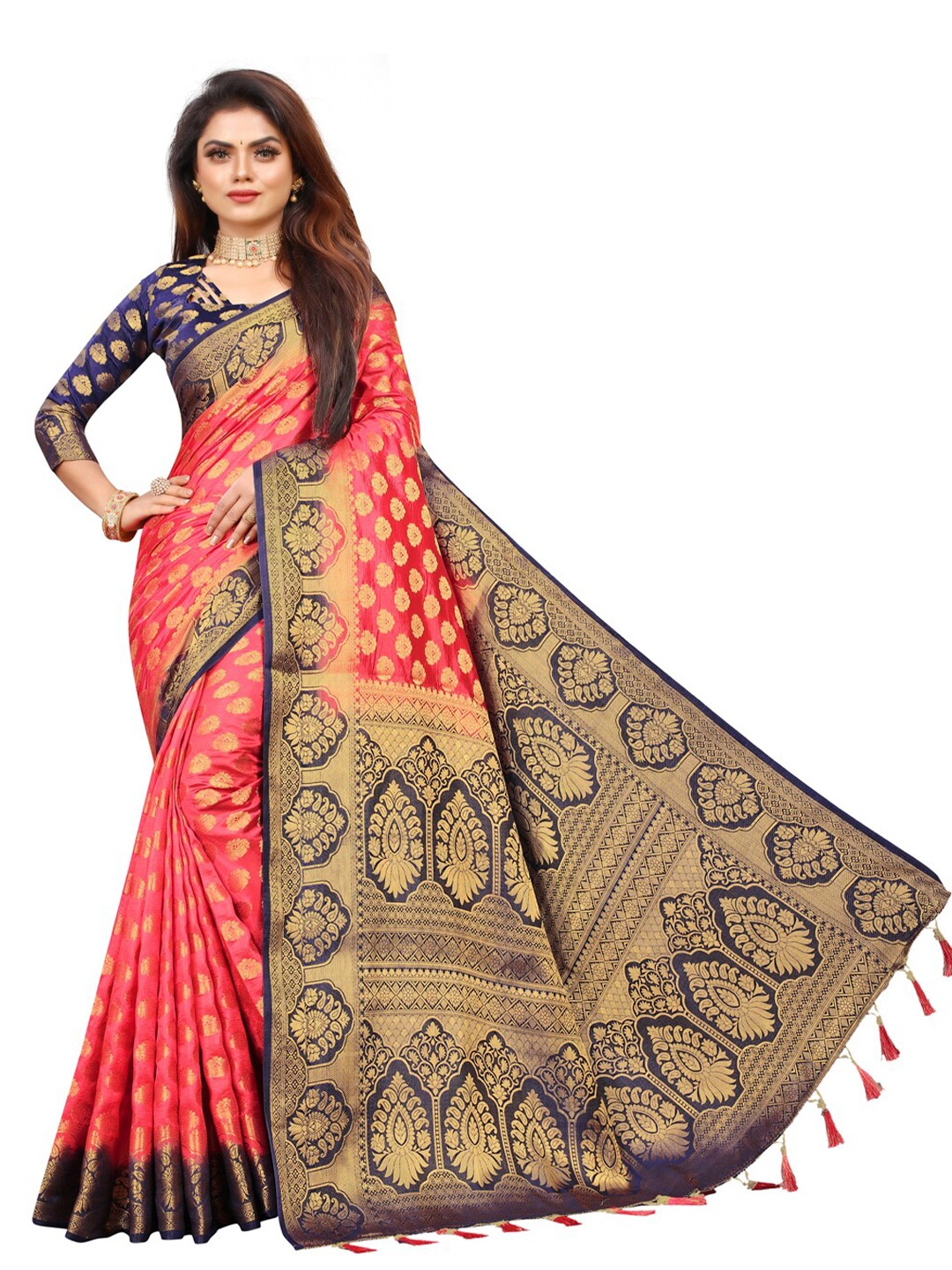

PERFECT WEAR Pink & Navy Blue Ethnic Motifs Zari Silk Cotton Banarasi Saree