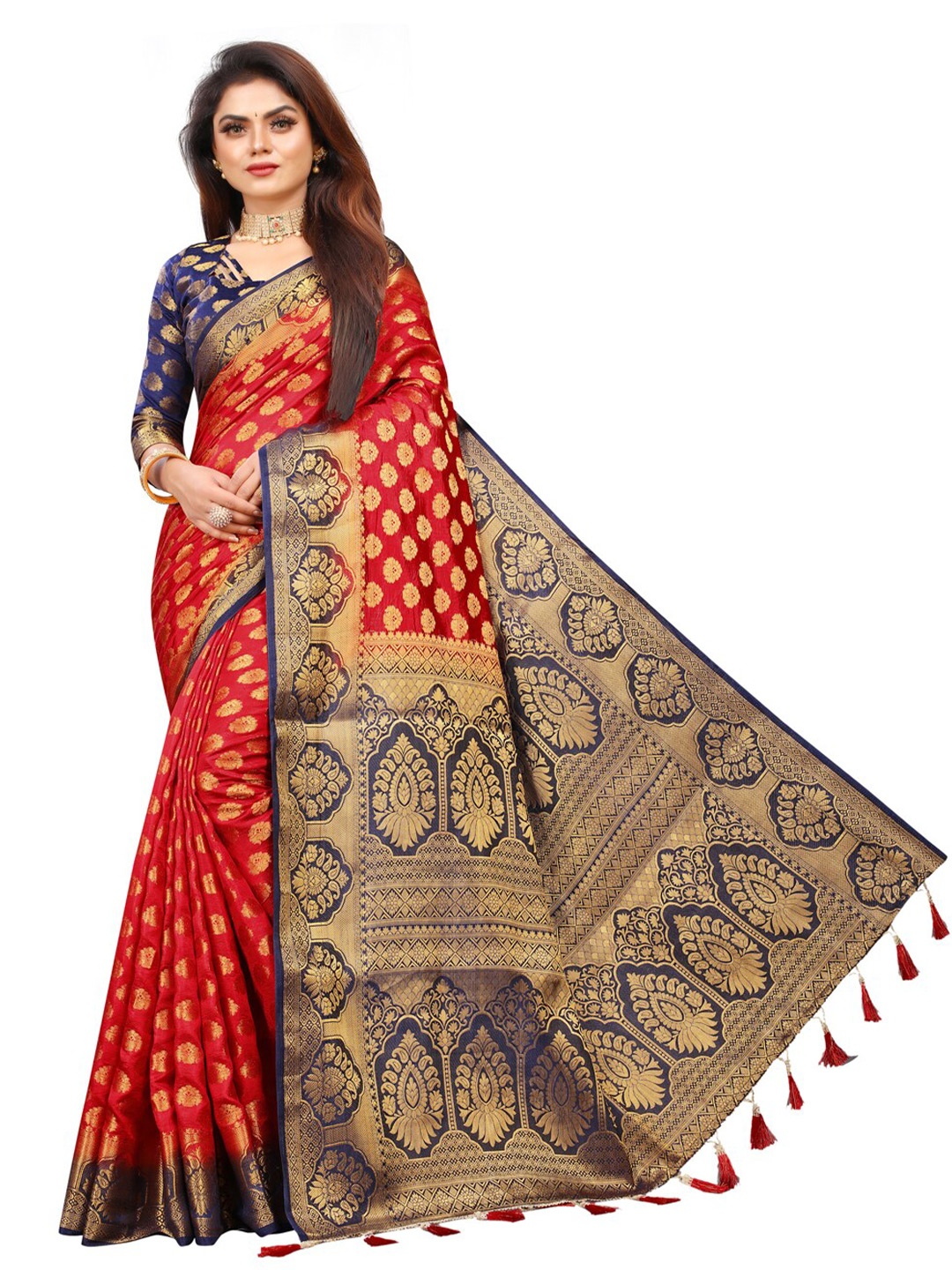 

PERFECT WEAR Navy Blue & Red Ethnic Motifs Zari Silk Cotton Banarasi Saree