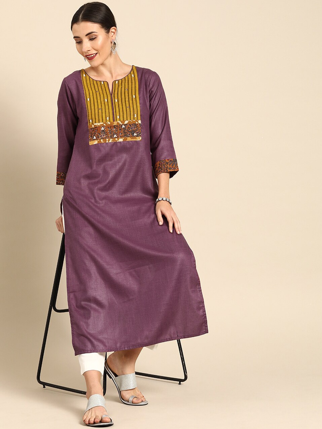 

Varanga Women Mauve Yoke Design Flared Sleeves Mirror Work Kurta