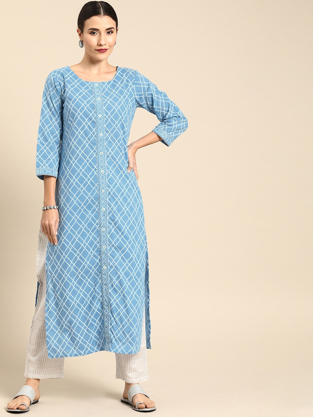 

Varanga Women Blue Checked Thread Work Kurta