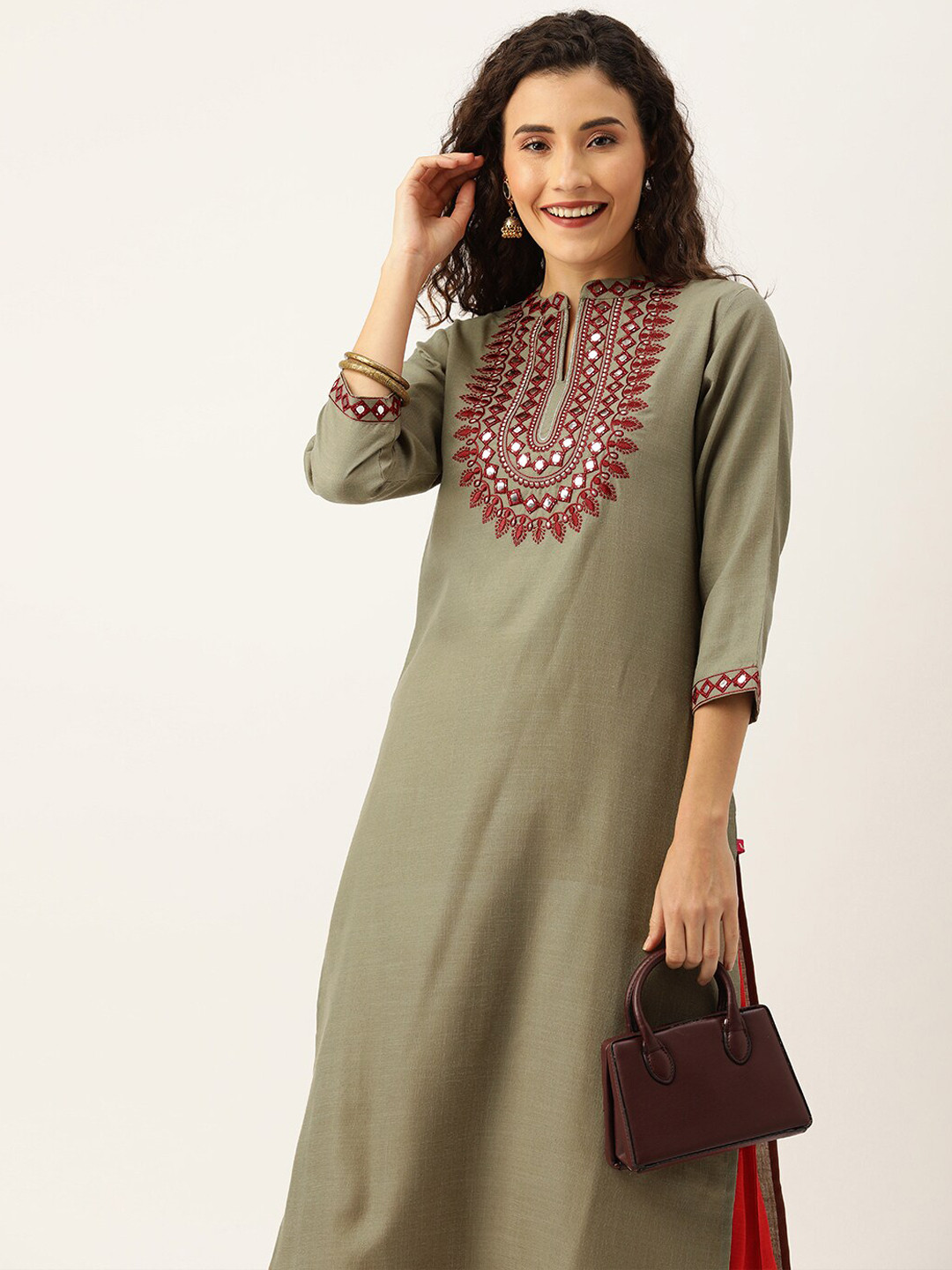 

Varanga Women Olive Green Mandarin Collar Embellished Yoke Design Mirror Work Kurta