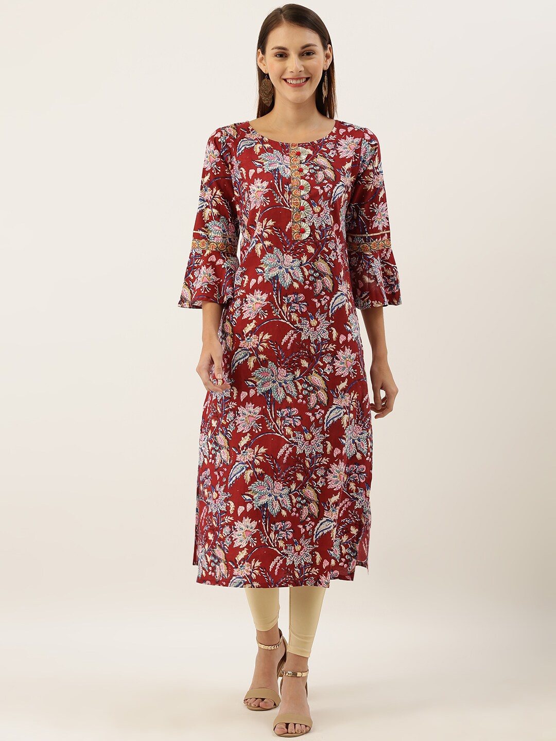 

Varanga Women Maroon Printed Flared Sleeves Kurta