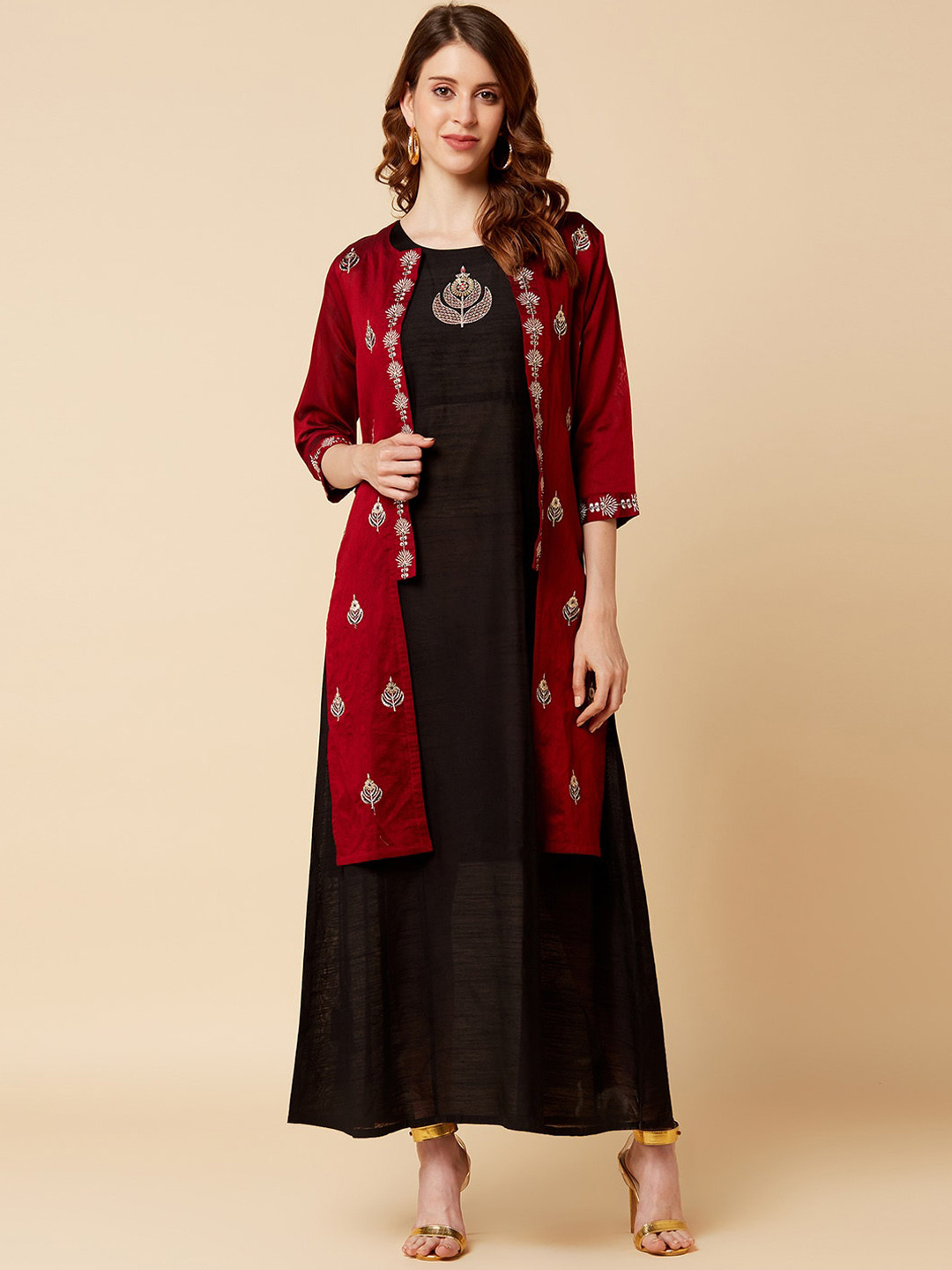 

Varanga Women Black Solid A-Line Kurta with Maroon Jacket