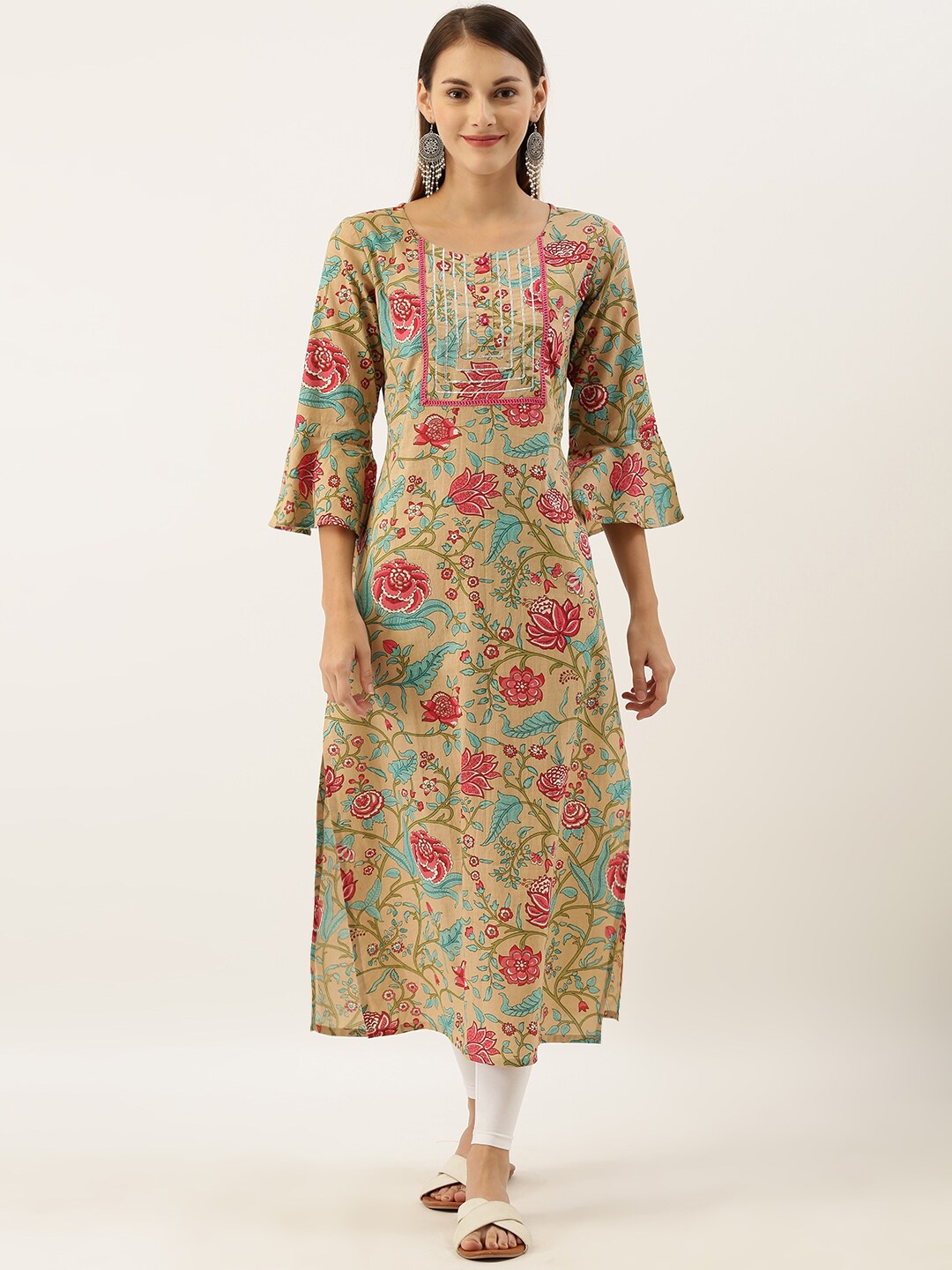 

Varanga Women Beige Floral Printed Bell sleeve Kurta with Gotta patti Yoke Design