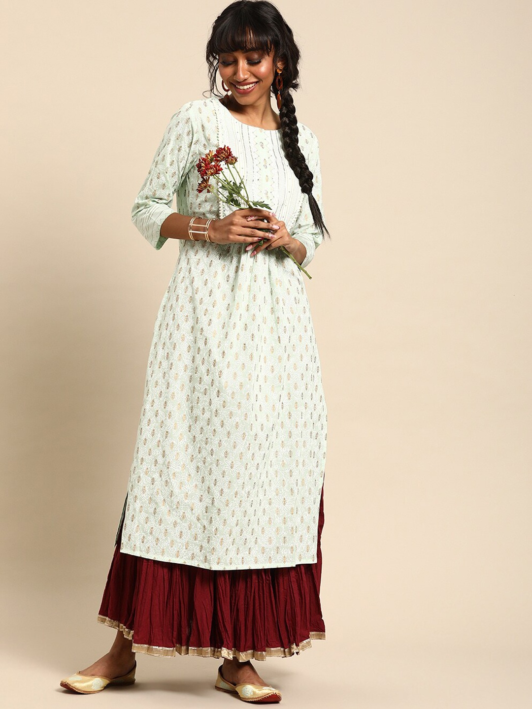 

Varanga Women Sea Green Ethnic Motif printed Round Neck Kurta