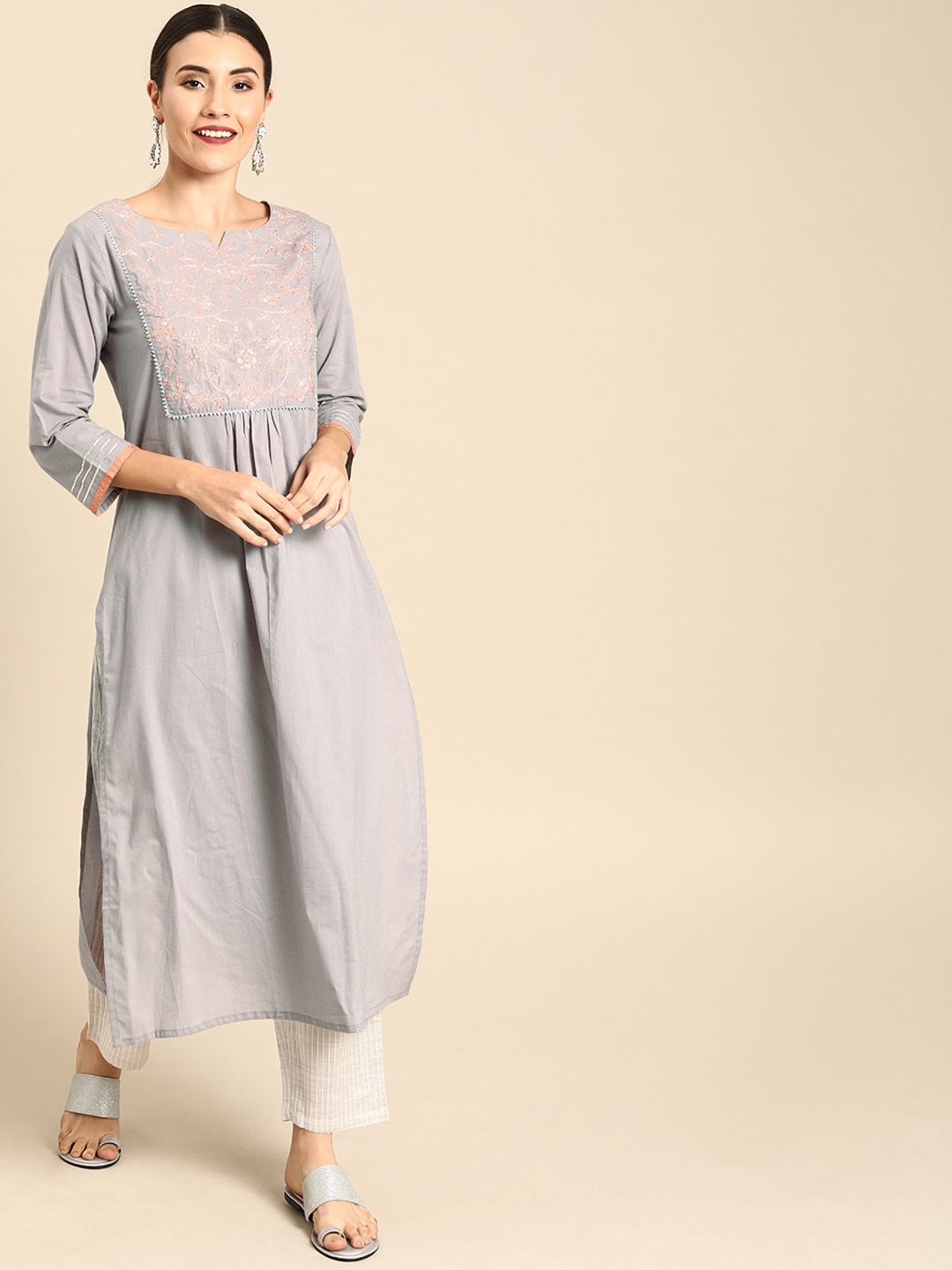 

Varanga Women Grey Yoke Design Thread Work Kurta