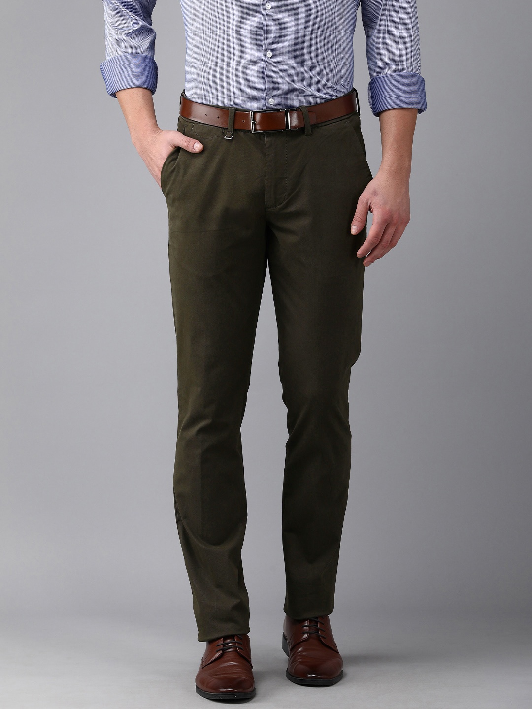 

Van Heusen Men Olive Green Solid Slim Fit Trousers