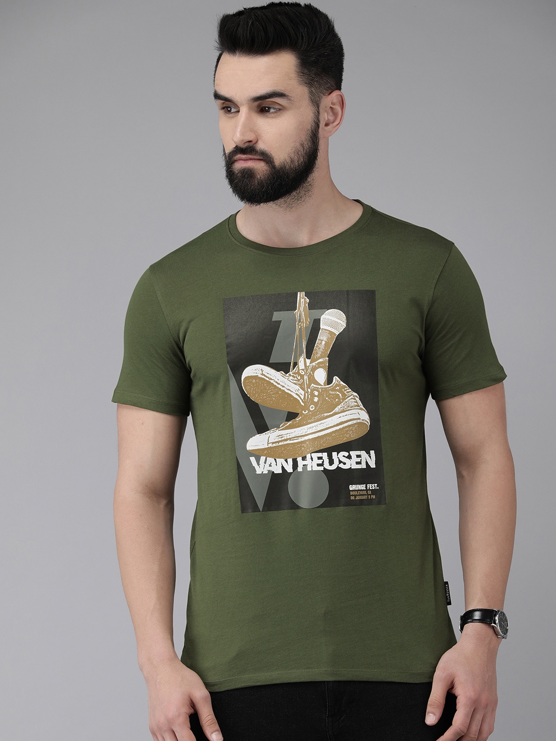 

V Dot Men Pure Cotton Printed Round Neck Slim Fit T-shirt, Olive