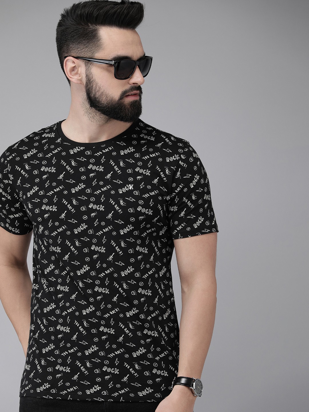 

V Dot Men Typography Graphic Printed Pure Cotton Slim Fit T-shirt, Black