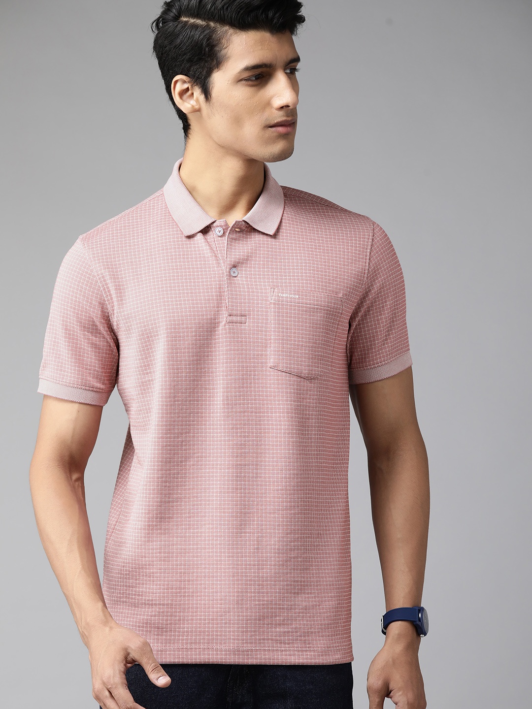 

Van Heusen Men Pink Checked Polo Collar Pure Cotton T-shirt
