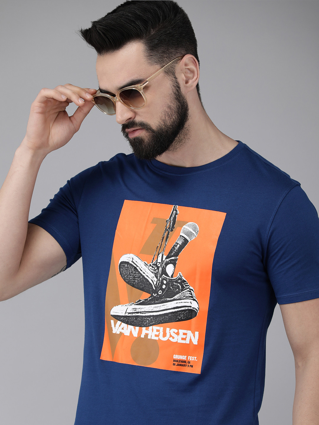 

V Dot Men Graphic Printed Pure Cotton Slim Fit T-shirt, Navy blue