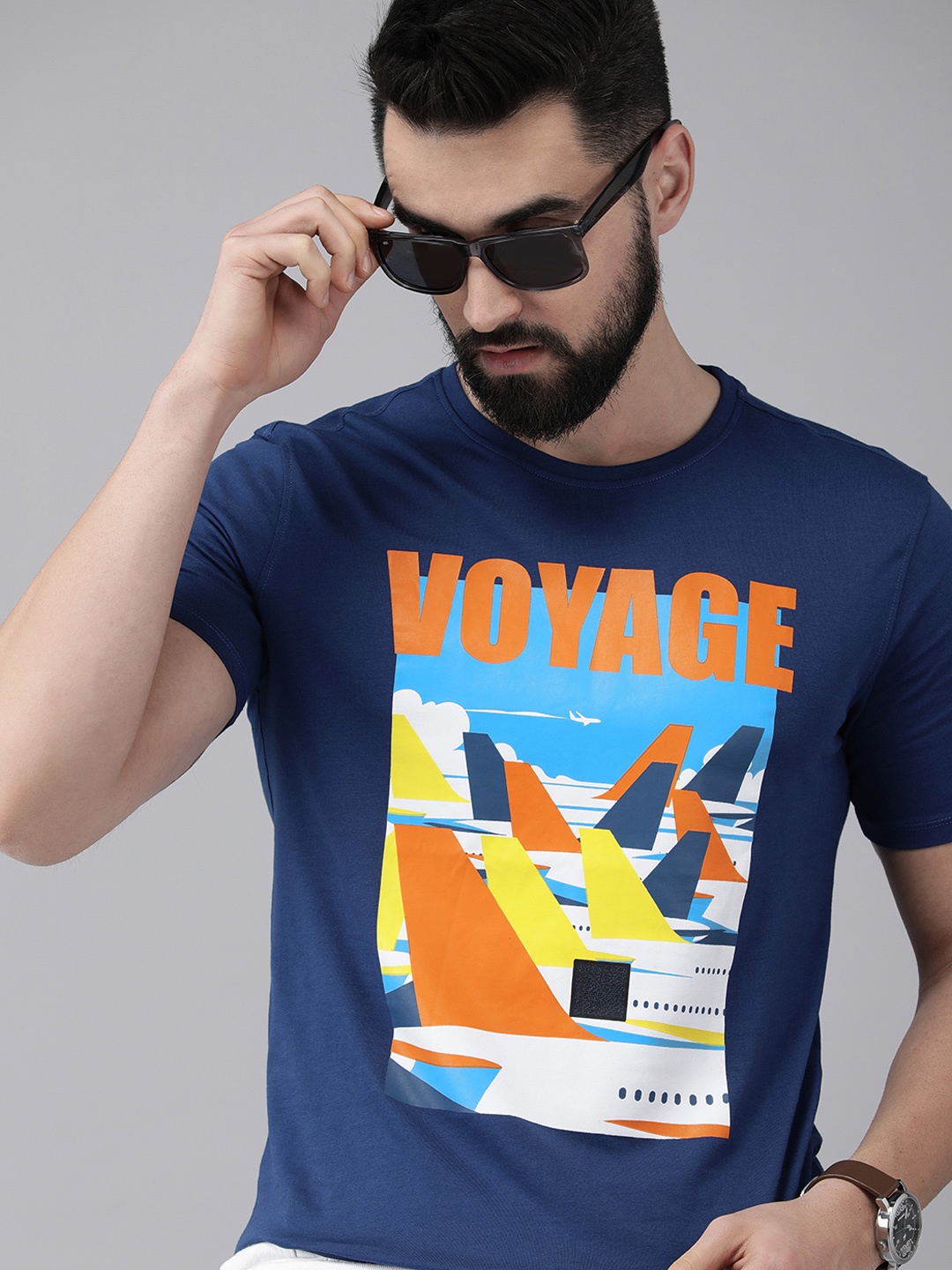 

V Dot Men Graphic Printed Pure Cotton Slim Fit T-shirt, Navy blue