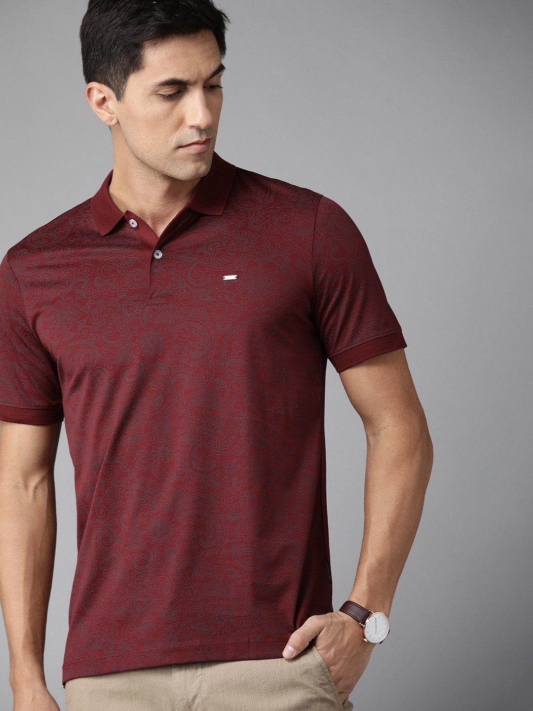 

Van Heusen Men Maroon Printed Polo Collar Pure Cotton T-shirt