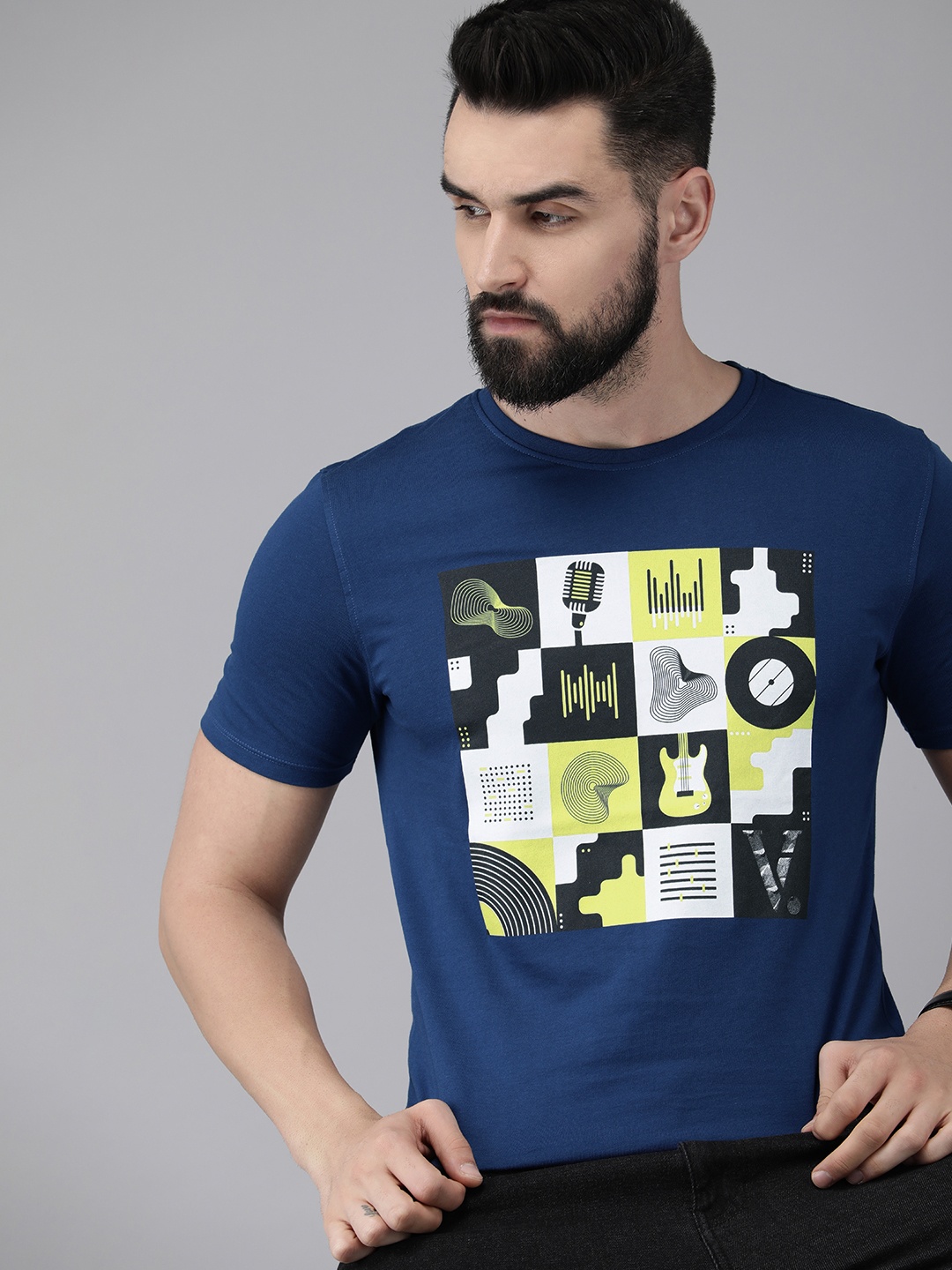 

V Dot Men Graphic Printed Pure Cotton Slim Fit T-shirt, Navy blue