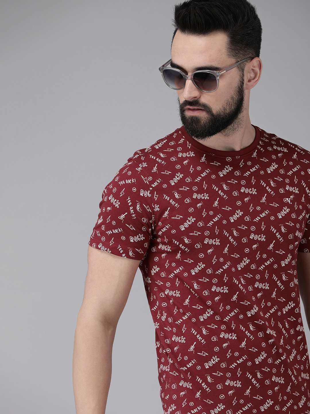 

V Dot Men Pure Cotton Printed Round Neck Slim Fit T-shirt, Maroon