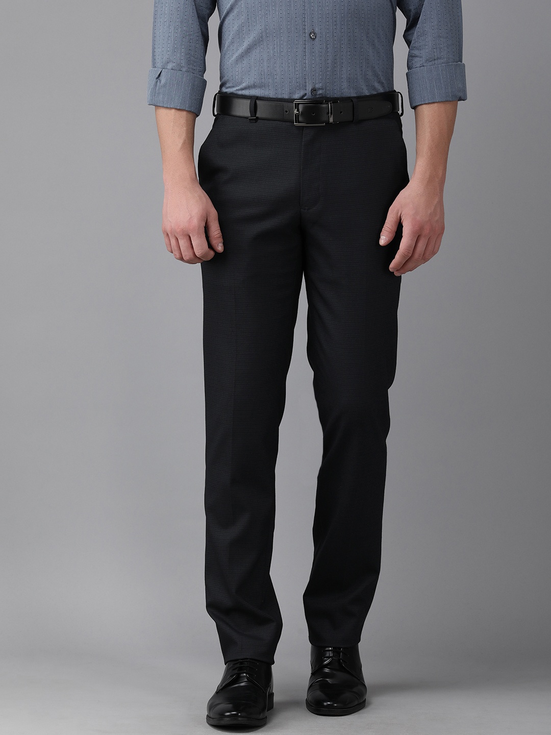 

Van Heusen Men Navy Blue Textured Slim Fit Trousers