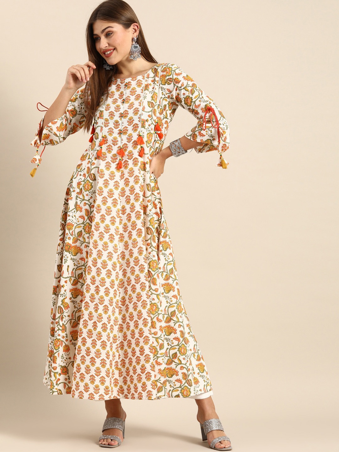 

Varanga Women White Ethnic Printed Round Neck Bell Sleeves A-line Kurta