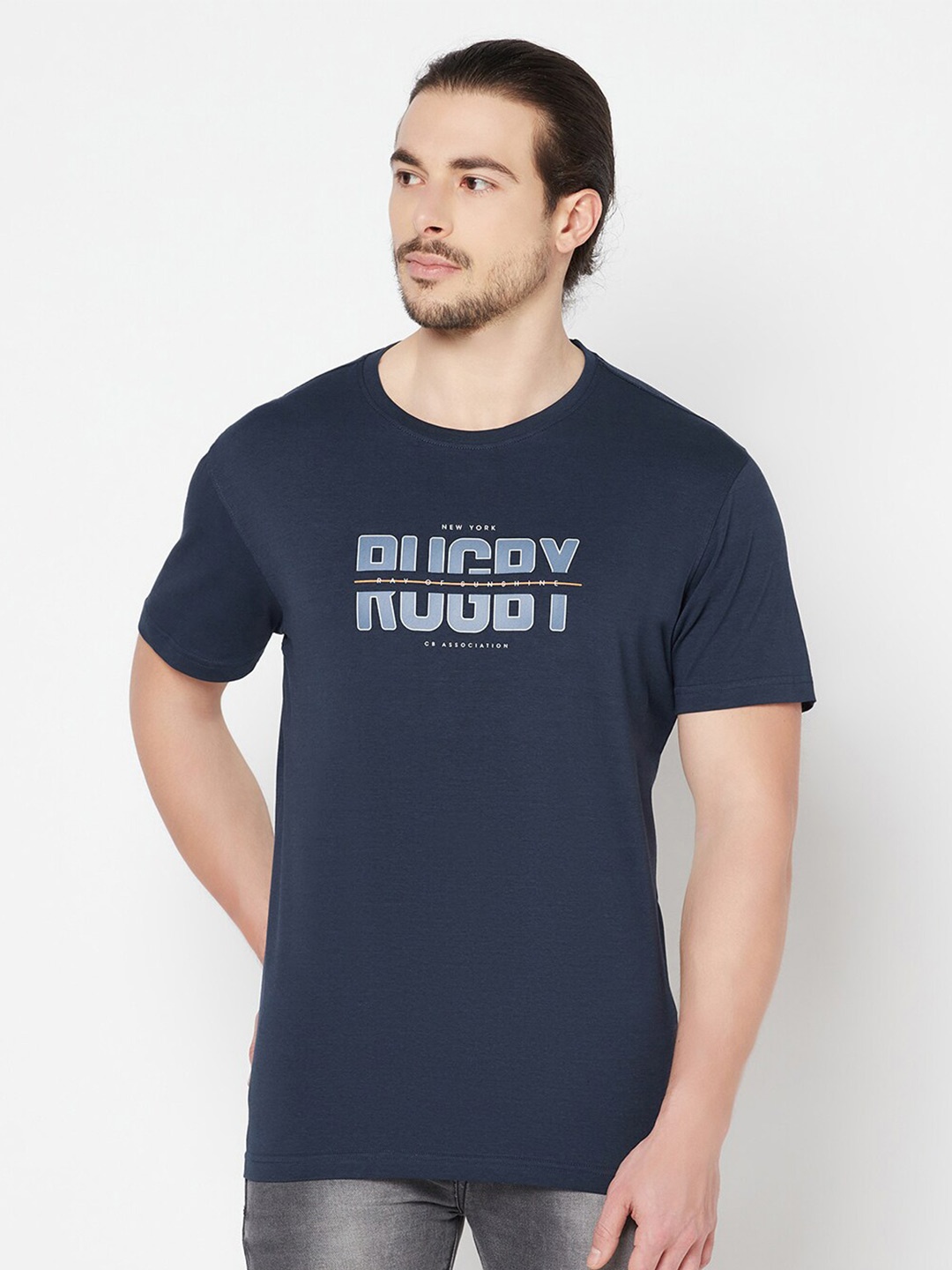 

Cantabil Men Navy Blue Typography Printed T-shirt