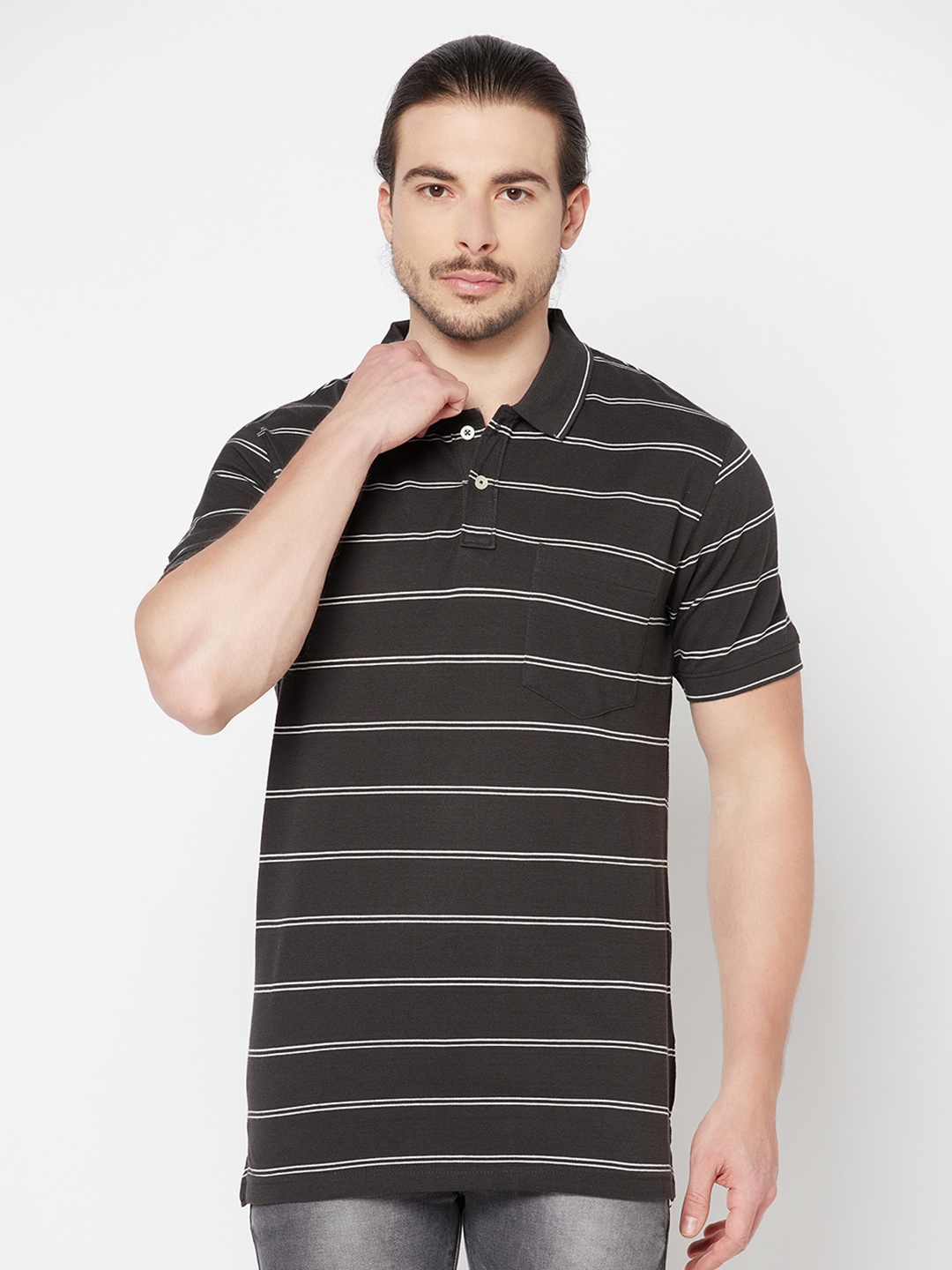 

Cantabil Men Olive Green Striped Polo Collar T-shirt