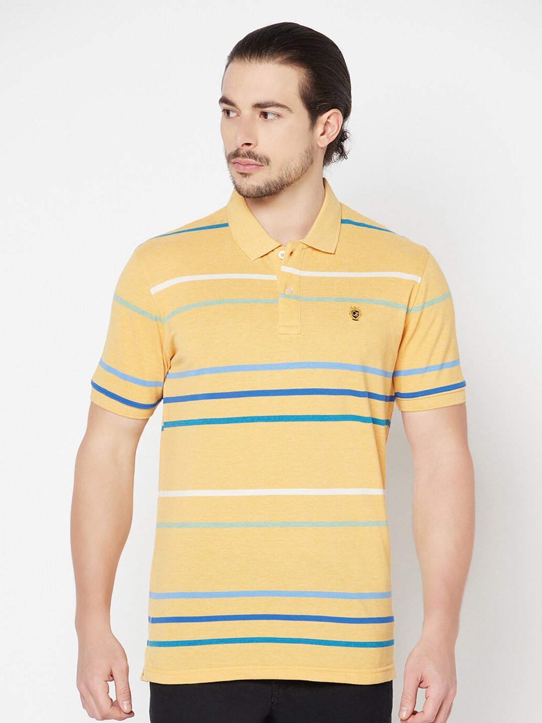

Cantabil Men Yellow Striped Polo Collar T-shirt