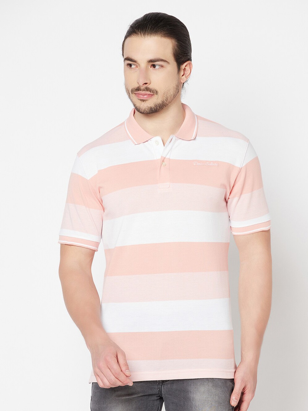 

Cantabil Men Pink Striped Polo Collar T-shirt