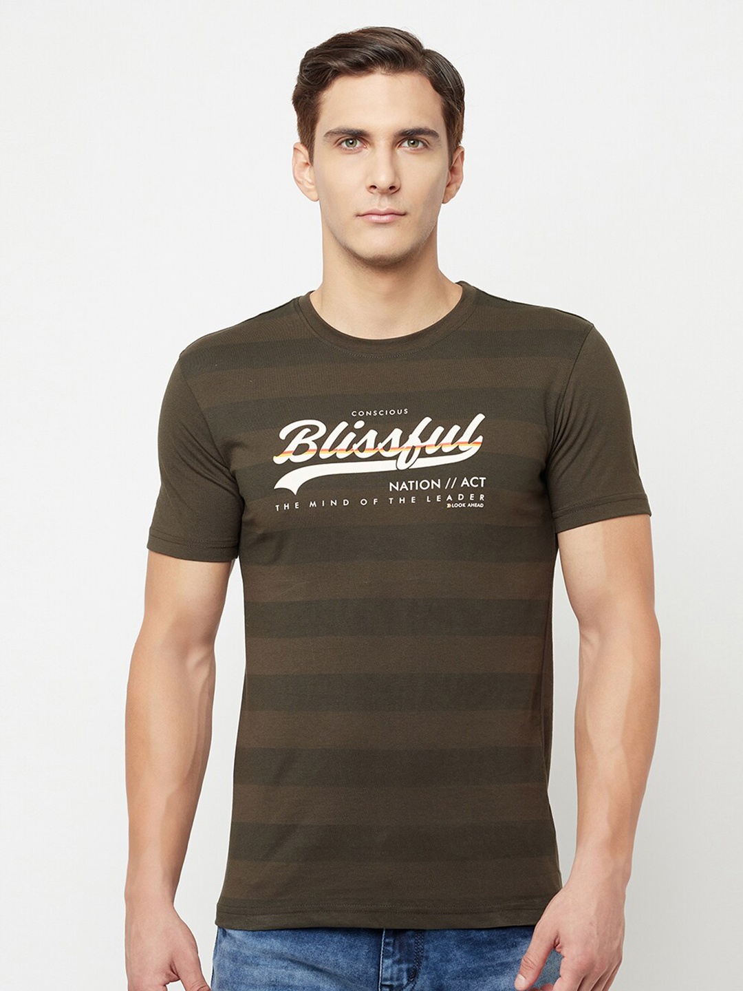 Cantabil Men Olive Green Typography Printed T-shirt