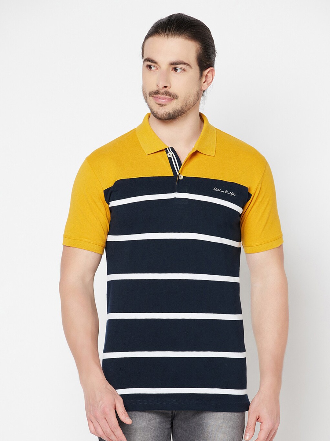 

Cantabil Men Mustard Yellow Colourblock Striped Polo Collar T-shirt