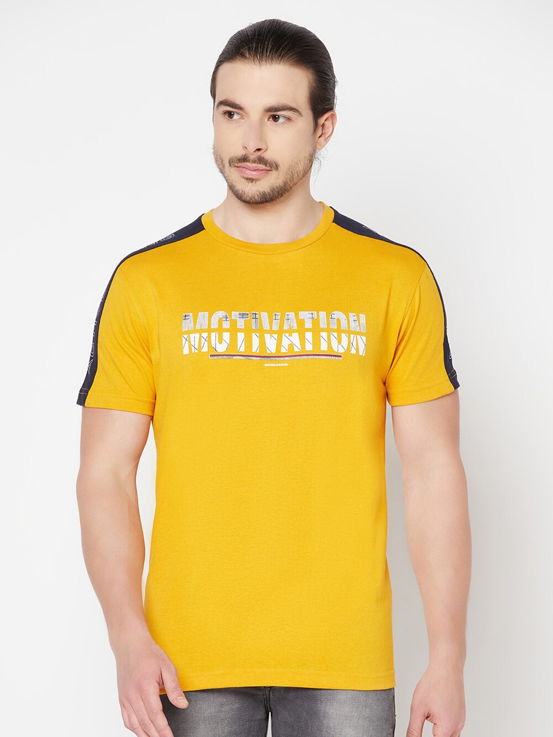 

Cantabil Men Mustard Yellow Typography Printed T-shirt