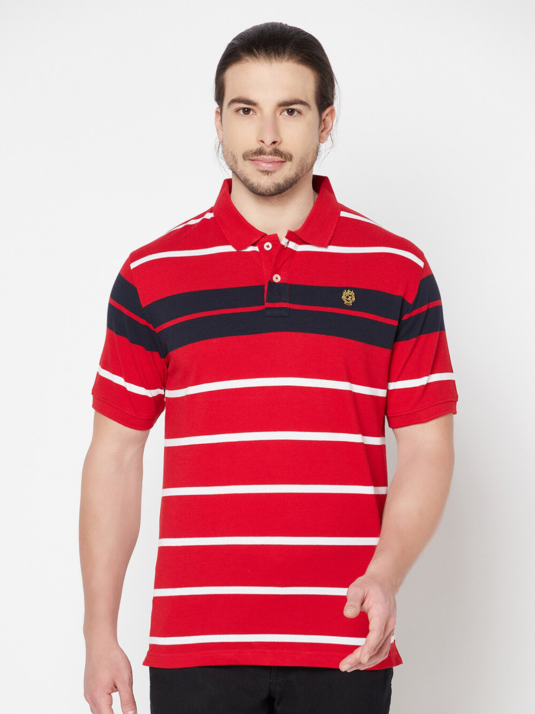 

Cantabil Men Red Striped Polo Collar T-shirt