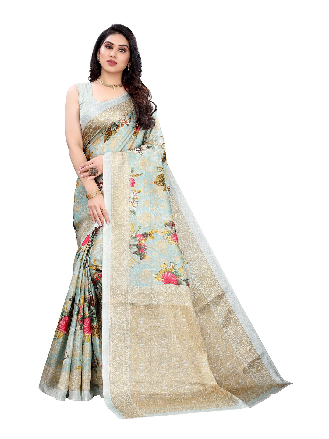 

Yashika Blue & Pink Floral Art Silk Khadi Saree