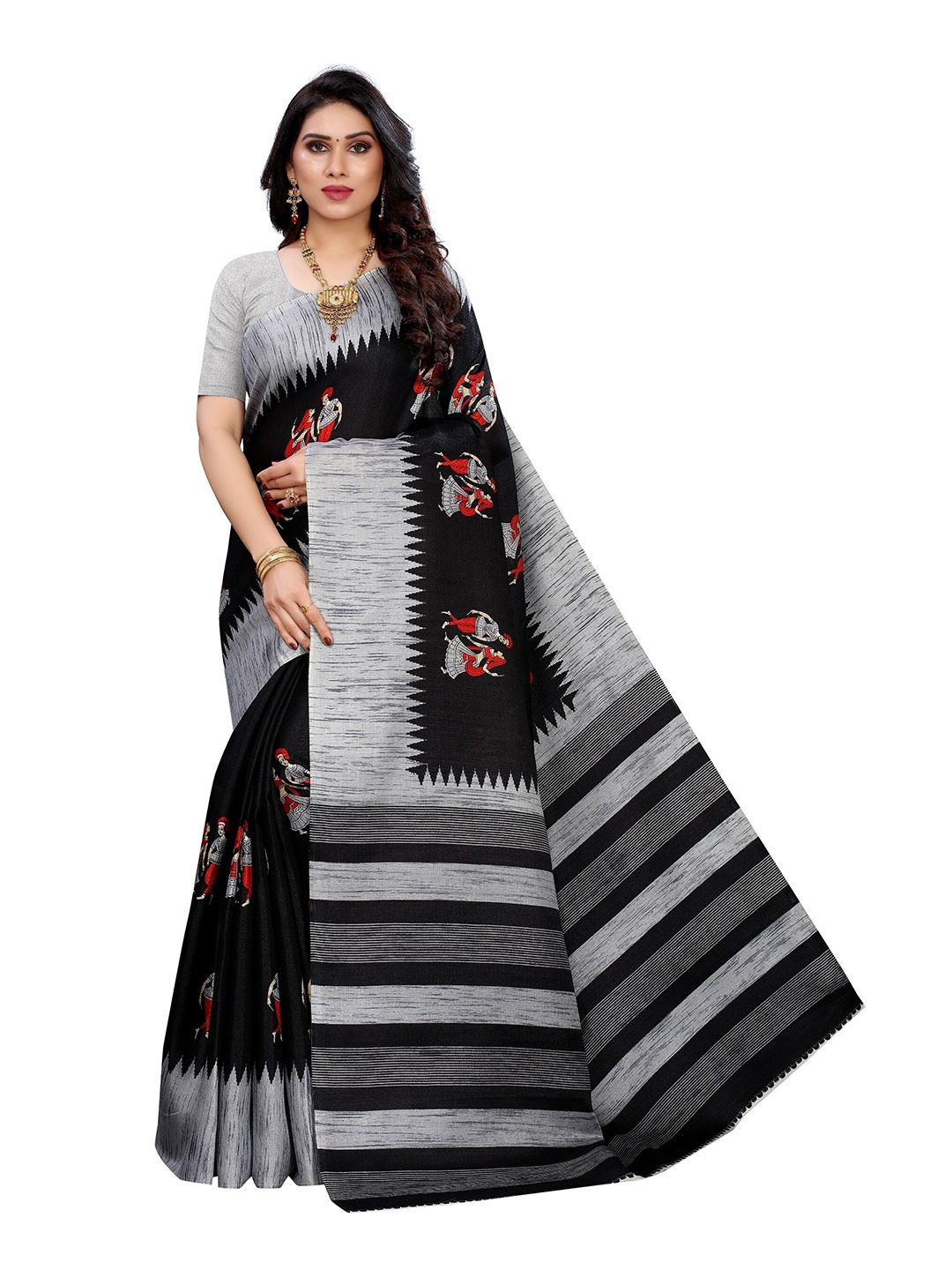 

Yashika Black & Silver-Toned Floral Art Silk Saree