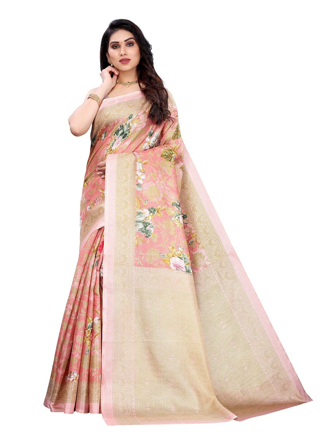 

Yashika Pink & Gold-Toned Floral Art Silk Saree