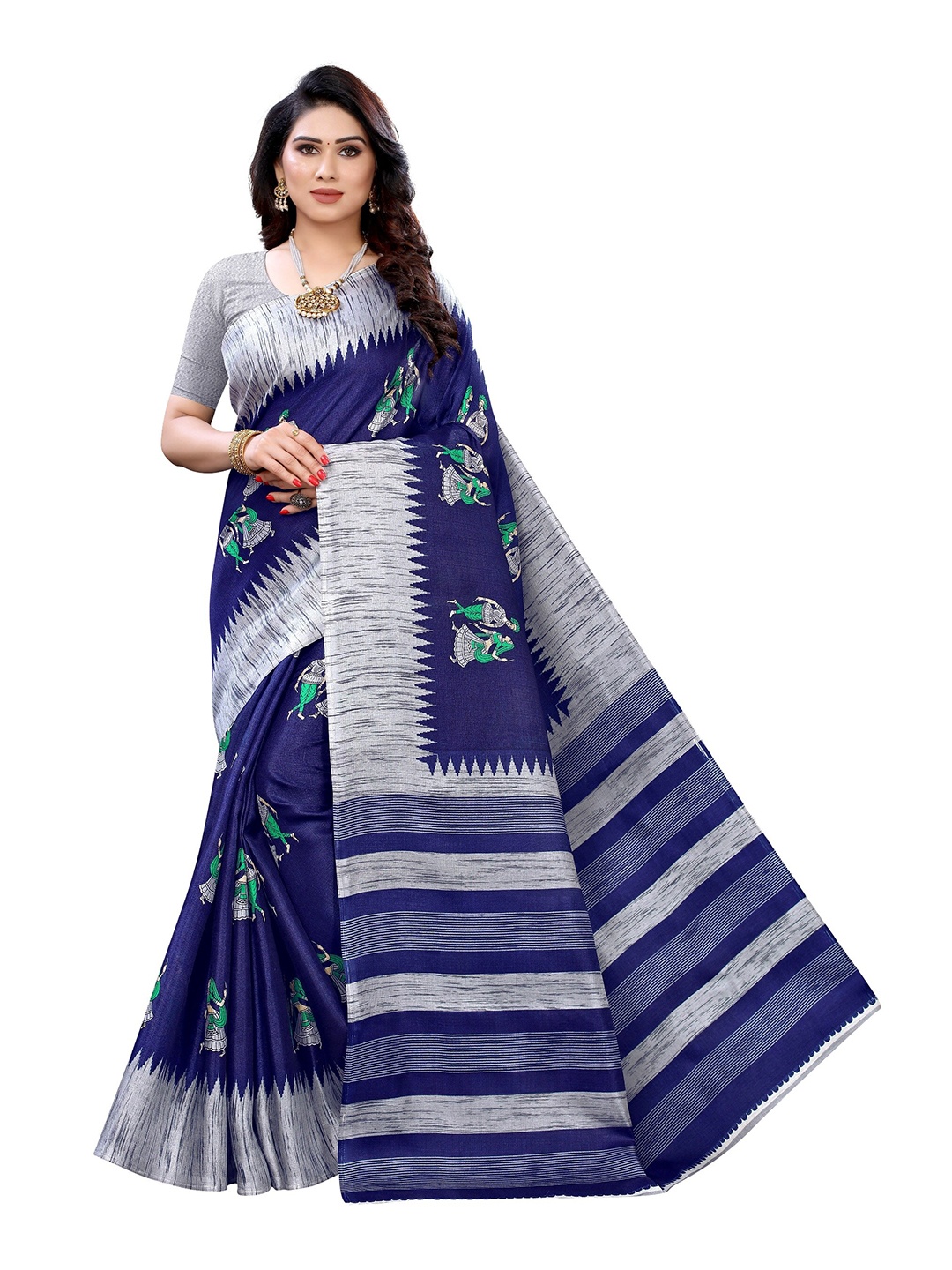 

Yashika Navy Blue & Grey Ethnic Motifs Art Silk Khadi Saree