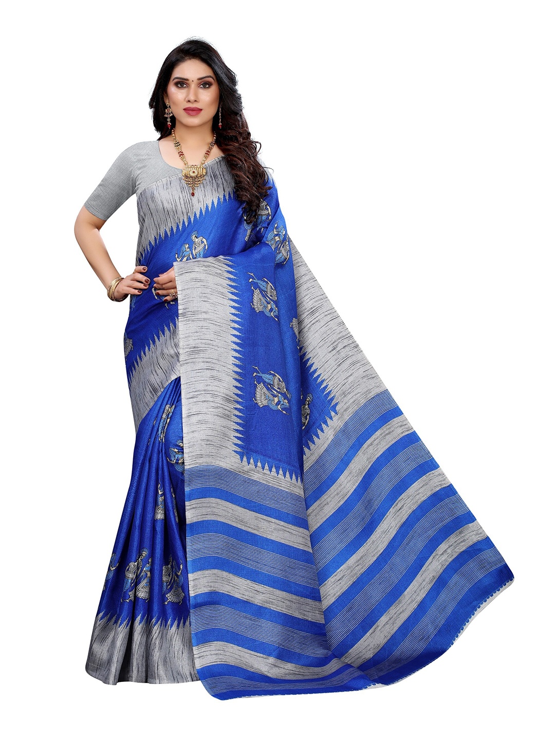 

Yashika Blue & Grey Ethnic Motifs Art Silk Saree