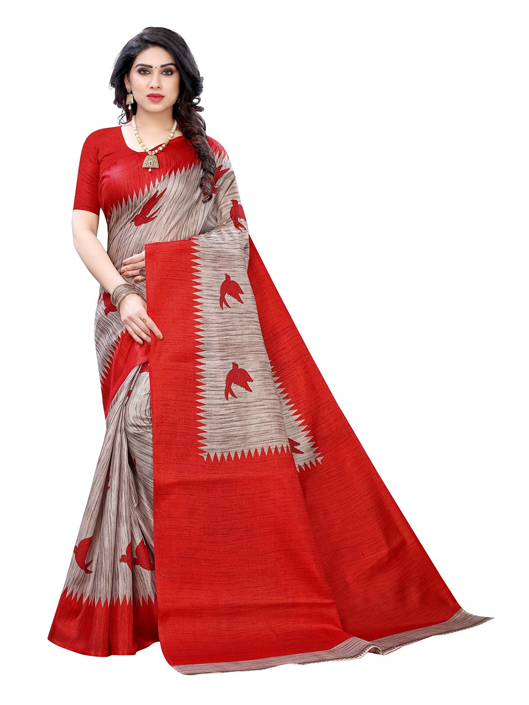 

Yashika Red & Khaki Ethnic Motifs Art Silk Saree