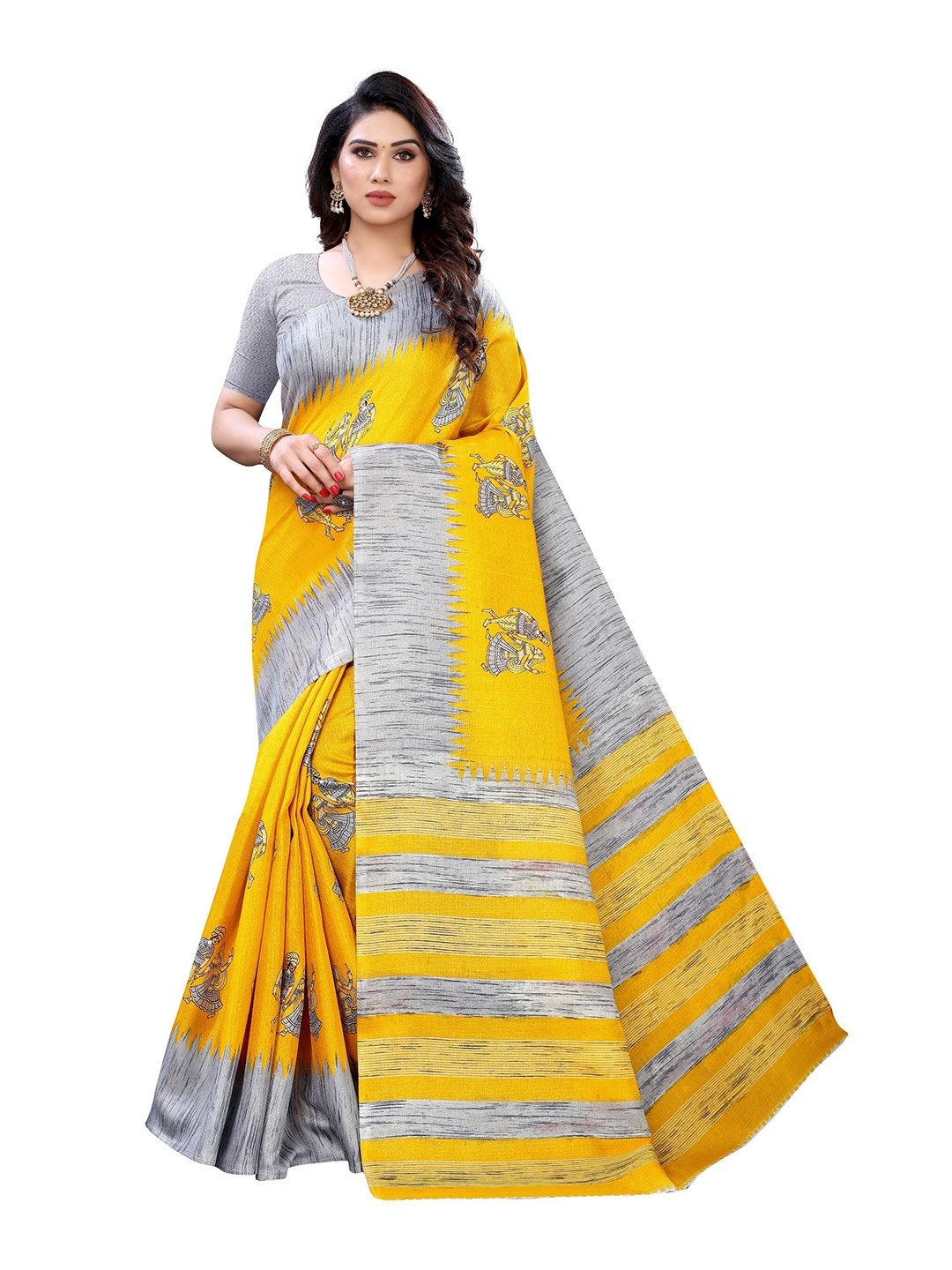 

Yashika Yellow & Grey Striped Art Silk Khadi Saree