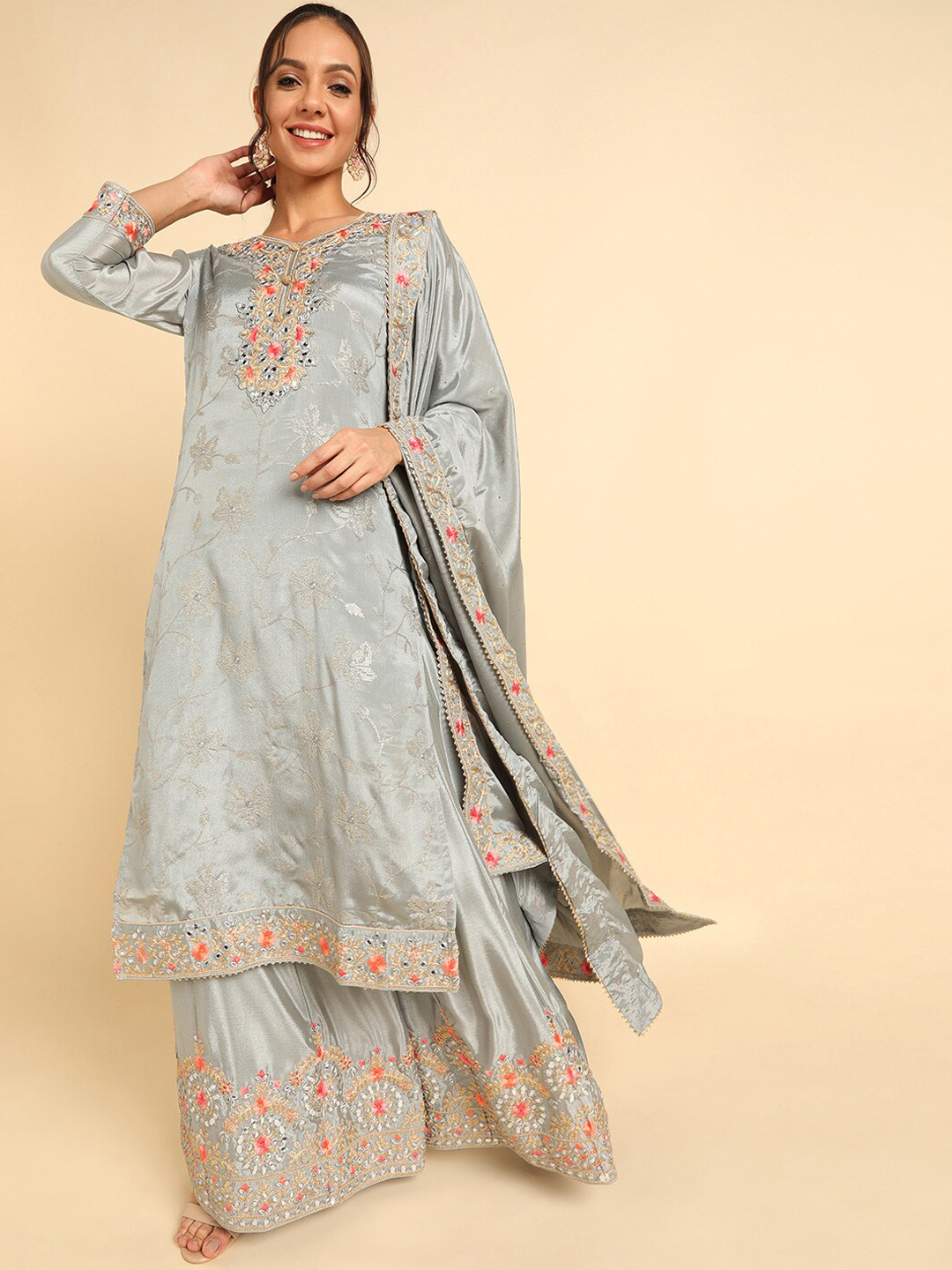 

AHIKA Women Grey Floral Embroidered Mirror Work Kurta with Palazzos & With Dupatta