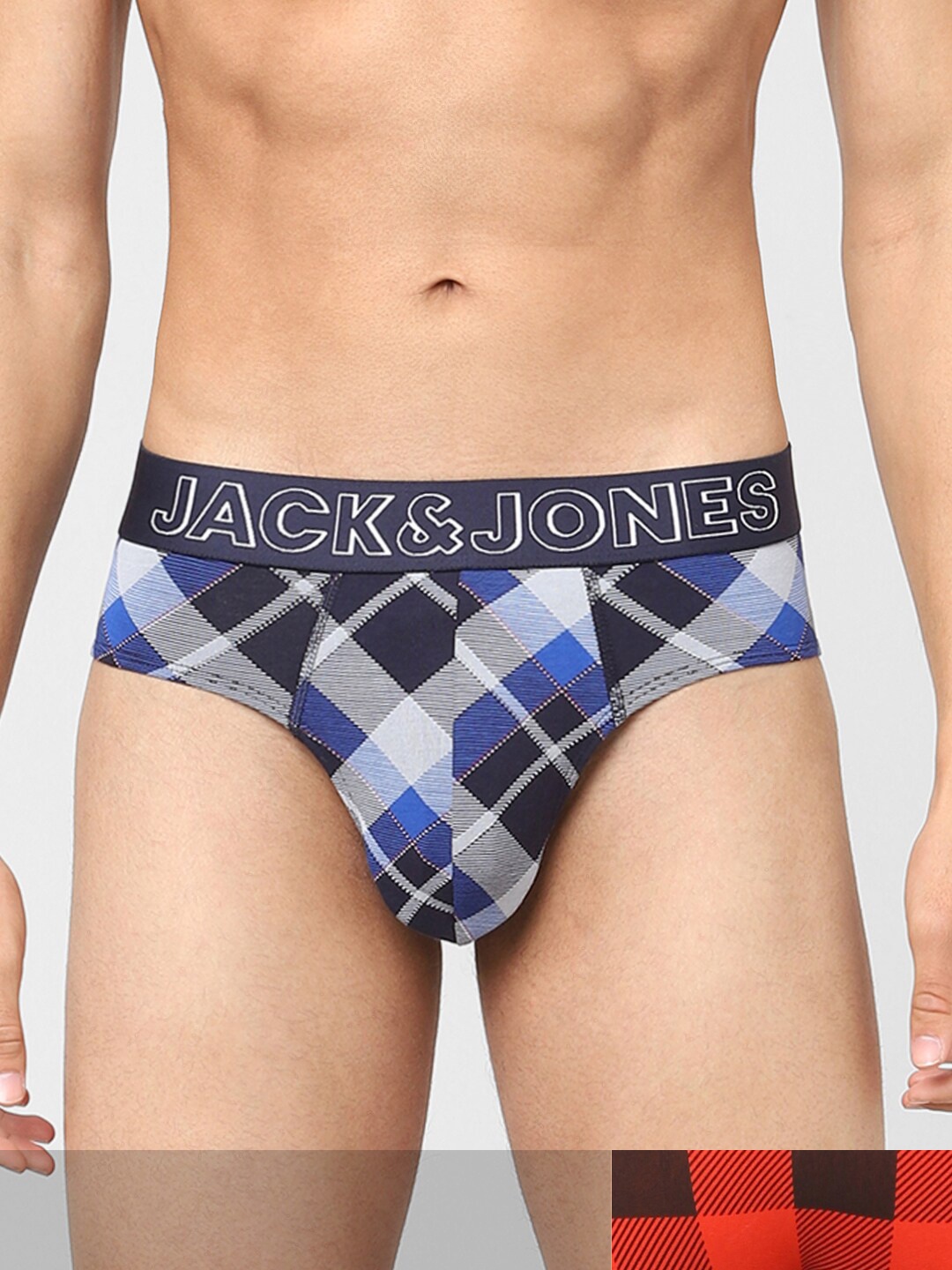 

Jack & Jones Men Pack Of 2 Checked Cotton Basic Briefs, Blue