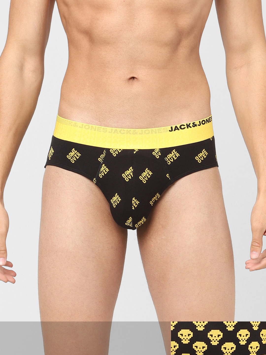 

Jack & Jones Men Pack Of 2 Black & Yellow Printed Cotton Basic Briefs