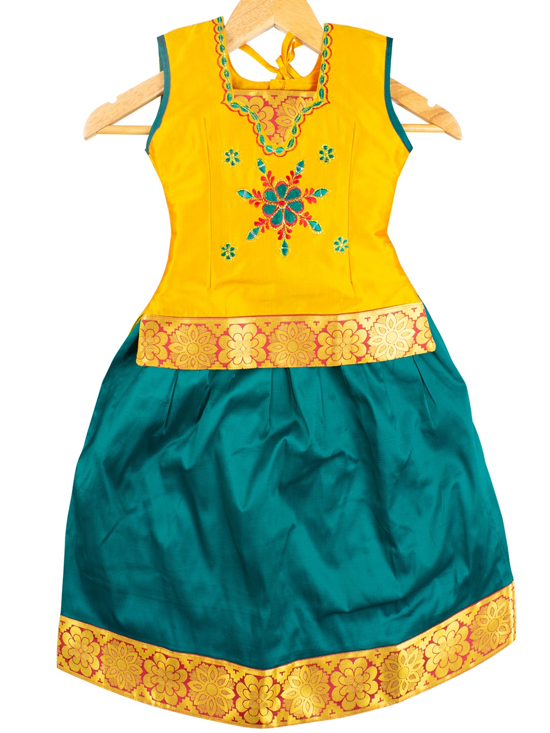

AMIRTHA FASHION Girls Sea Green & Yellow Embroidered Ready to Wear Lehenga Choli