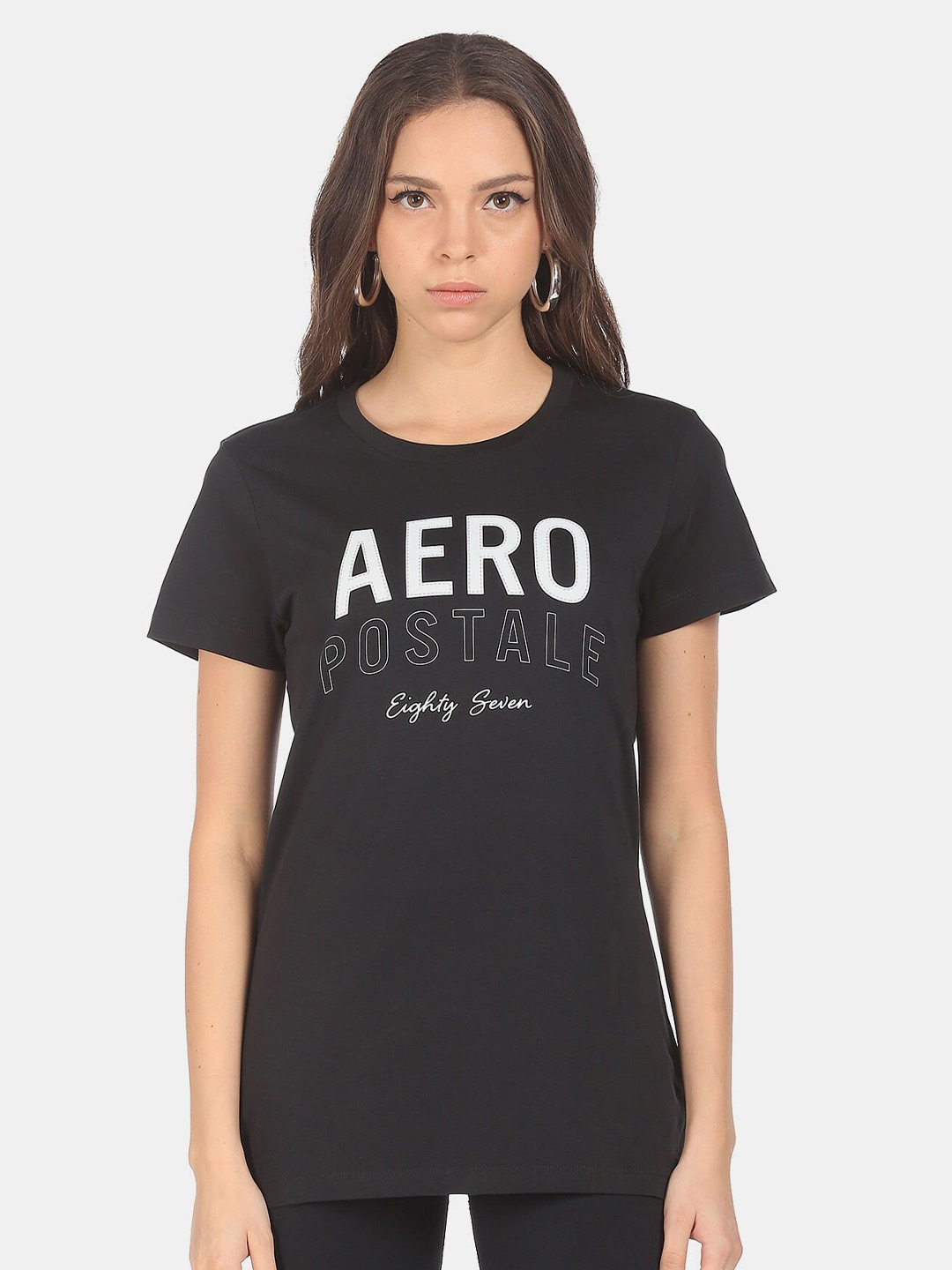 

Aeropostale Women Black Solid Logo Printed T-shirt