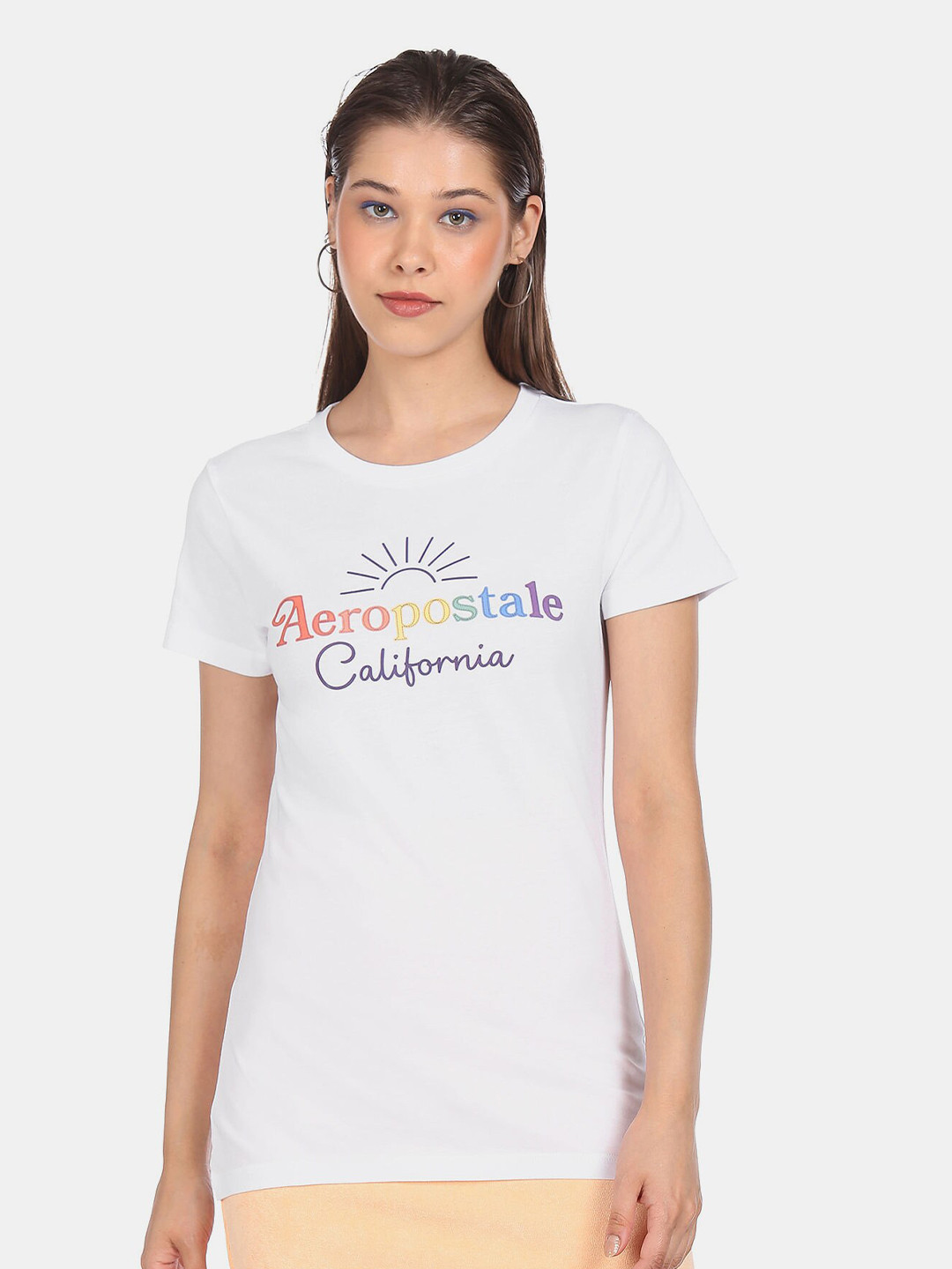 

Aeropostale Women White Typography Round Neck Short Sleeve Printed T-shirt