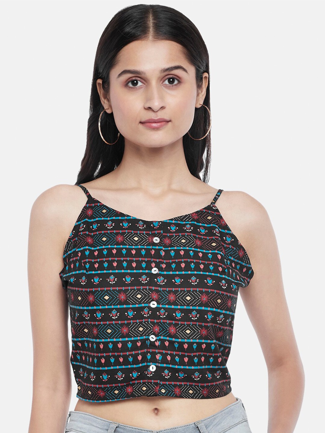

People Black Printed Sleeveless Crop Top