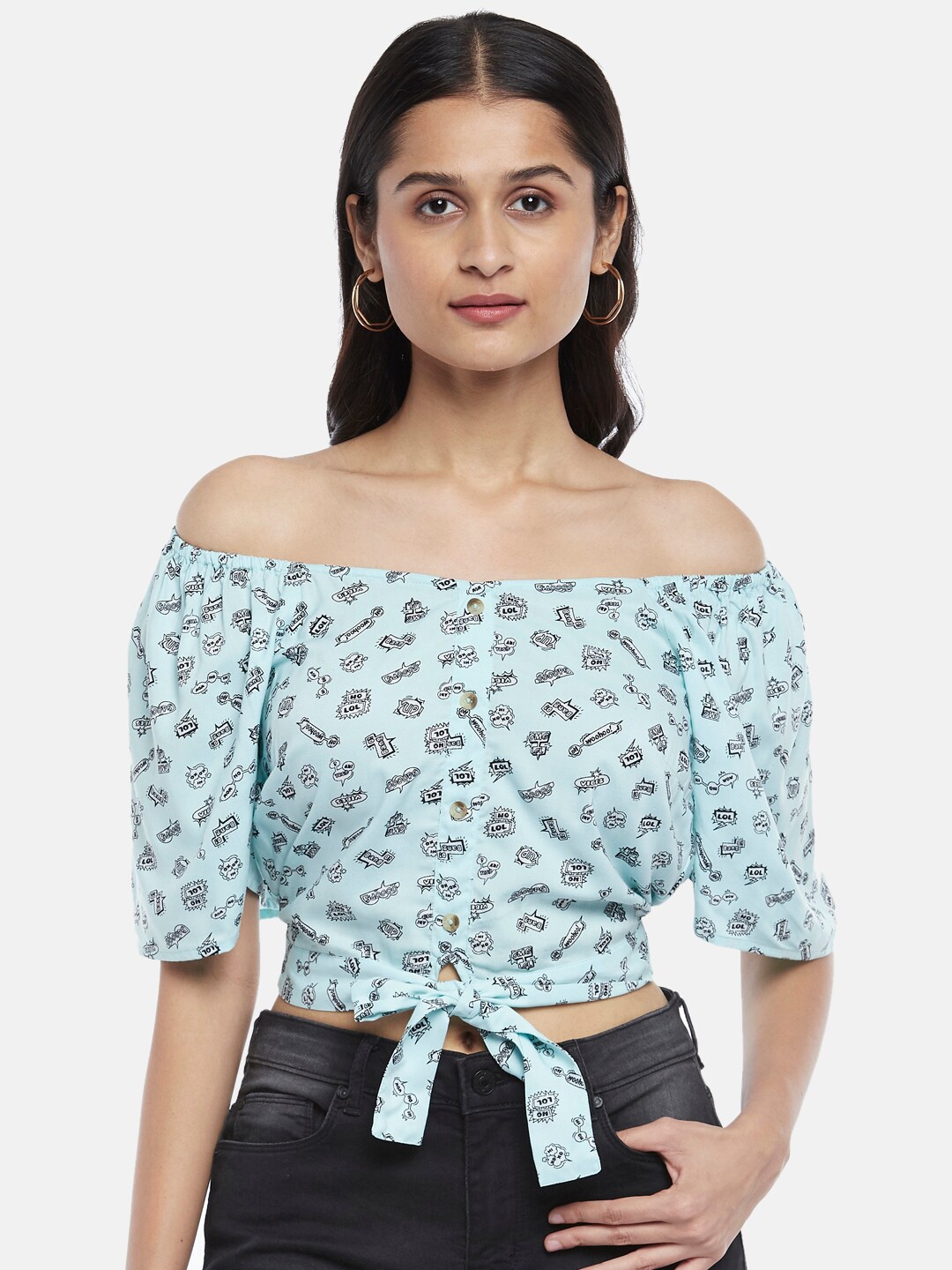 

People Women Blue Print Off-Shoulder Bardot Top