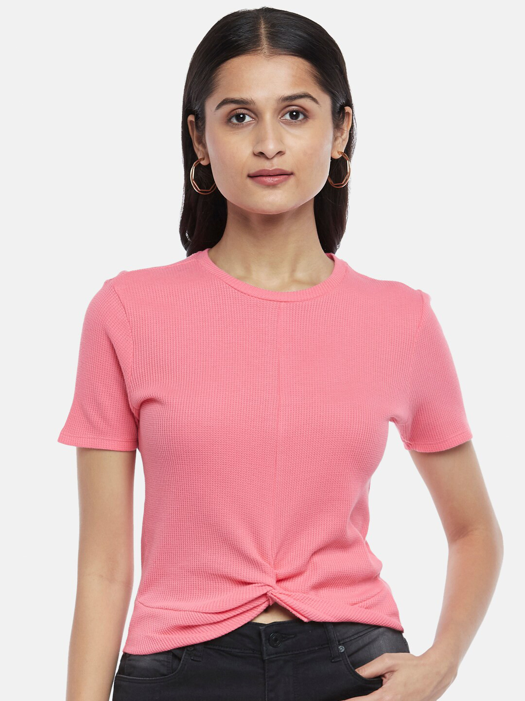 

People Women Pink Solid Cotton Lycra T-shirt