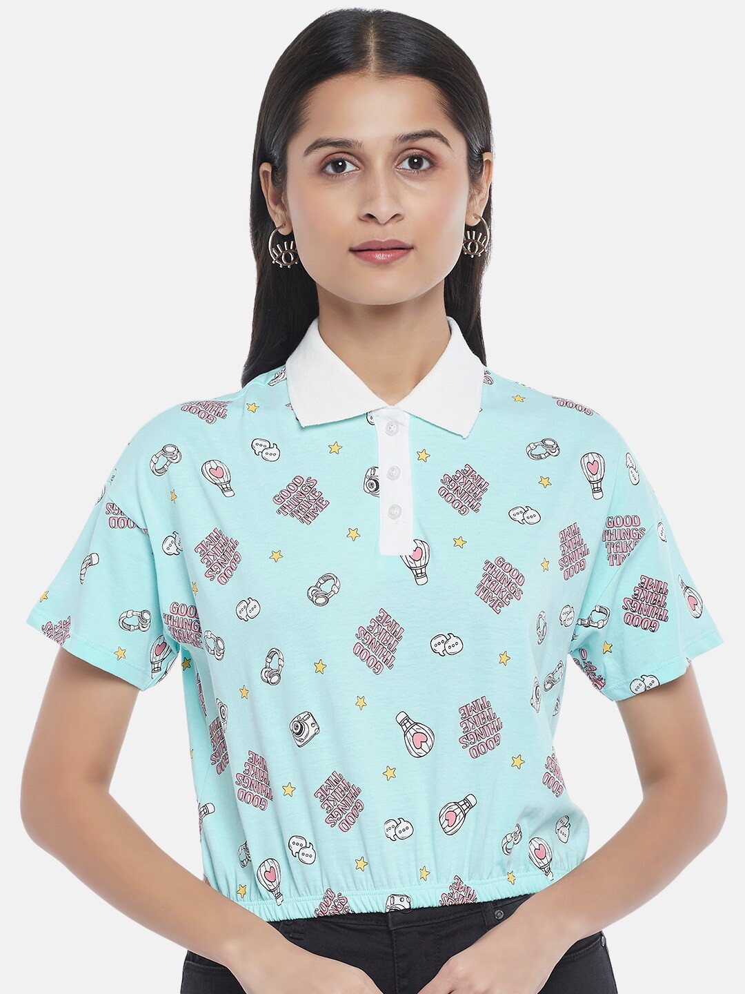 

People Blue Quirky Print Shirt Collar Top